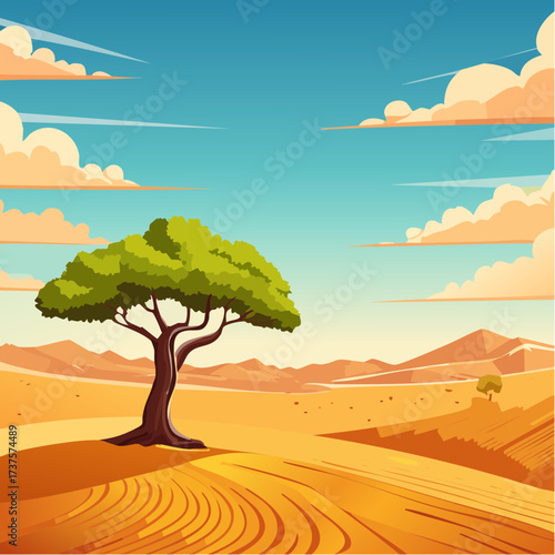 desert scene with a lone tree growing in the middle of a vast, dry landscape
