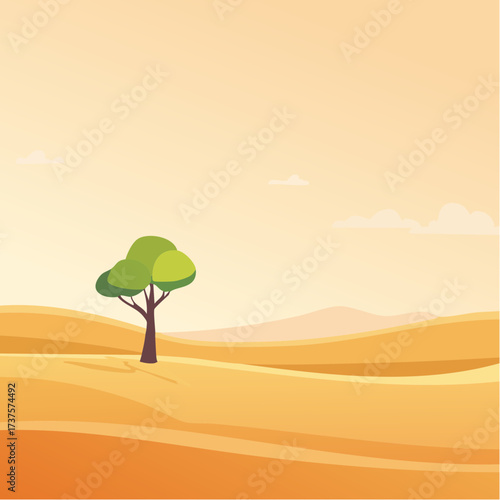 desert scene with a lone tree growing in the middle of a vast, dry landscape