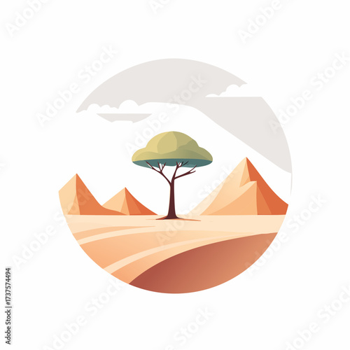 desert scene with a lone tree growing in the middle of a vast, dry landscape