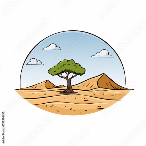 desert scene with a lone tree growing in the middle of a vast, dry landscape