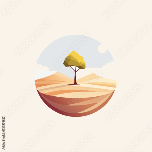 desert scene with a lone tree growing in the middle of a vast, dry landscape