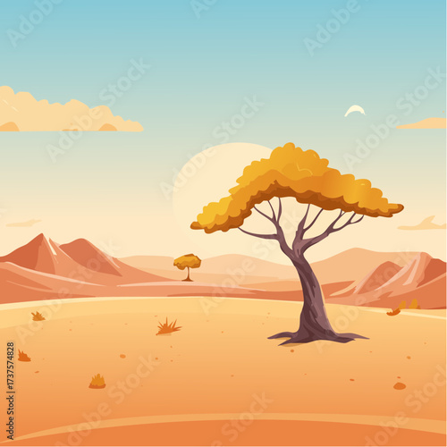 desert scene with a lone tree growing in the middle of a vast, dry landscape