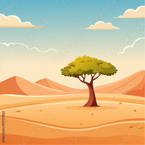 desert scene with a lone tree growing in the middle of a vast, dry landscape