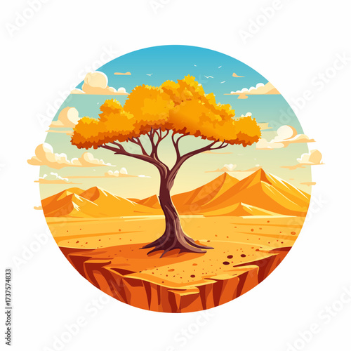 desert scene with a lone tree growing in the middle of a vast, dry landscape