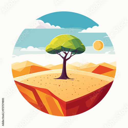 desert scene with a lone tree growing in the middle of a vast, dry landscape