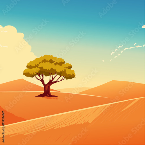 desert scene with a lone tree growing in the middle of a vast, dry landscape