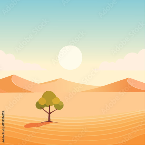 desert scene with a lone tree growing in the middle of a vast, dry landscape