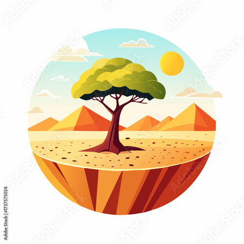 desert scene with a lone tree growing in the middle of a vast, dry landscape