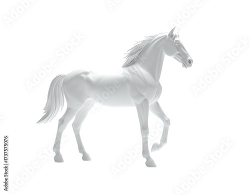 Elegant white equine sculpture against a stark black backdrop, in a graceful pose