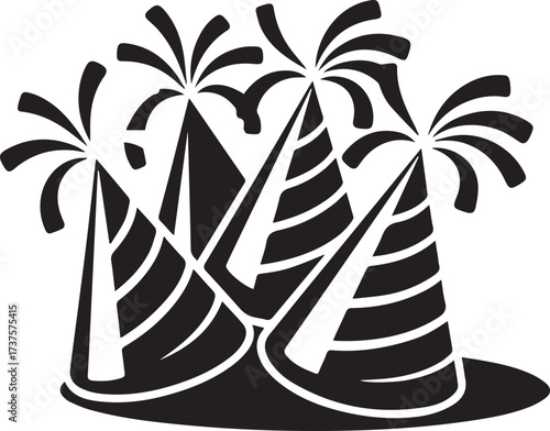 Festive new year's eve party hats silhouette with fireworks accents celebration