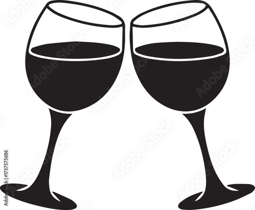 Two silhouette wine glasses toasting with red wine for celebration and new year's eve