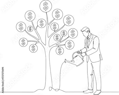 Man watering a money tree isolated on white background to grow wealth