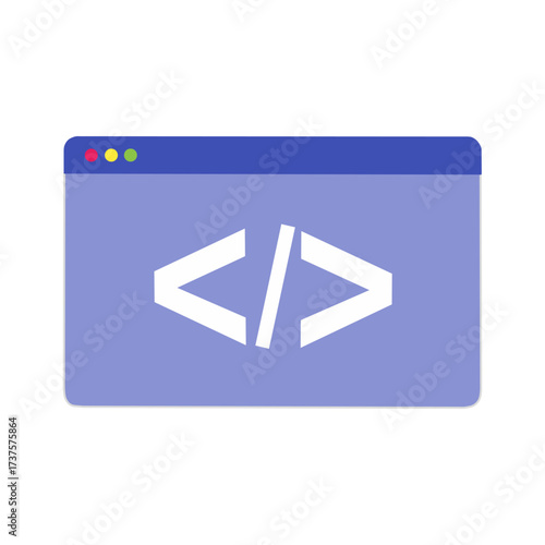 web browser window with a code symbol. Represents programming, coding, web development, or software engineering.
