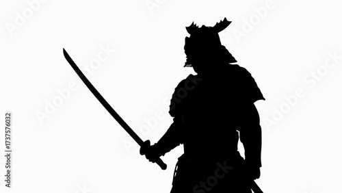 Fearsome samurai warrior silhouette wielding katana sword, embodying strength and honor, original vector graphic