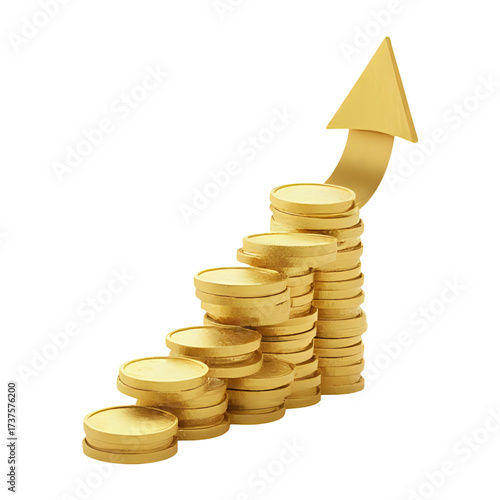 Golden coins stacked in an upward trend arrow. golden coins and graph