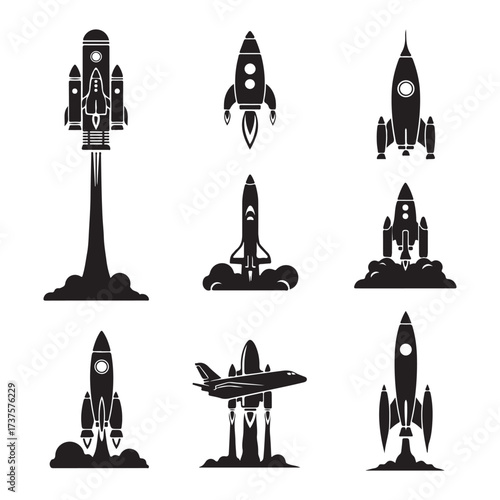 Rocket Launch Icon Set, Vector Silhouettes Illustration, Space Icons, Startup & Technology Design on white background.