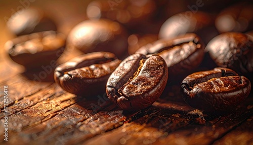 Close Up Roasted Coffee Beans on Rustic Brown Wooden Surface in Warm Light