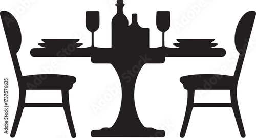 Romantic dinner setting silhouette two chairs table wine glasses plates bottles celebration