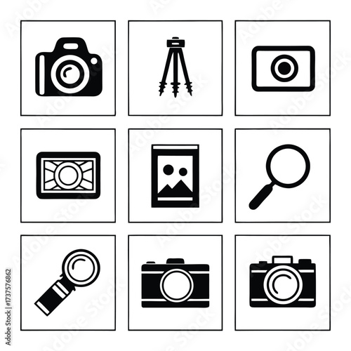 Photography videography icons set camera tripod magnifying glass image frame symbol collection 
