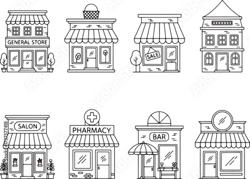 Collection of various store fronts isolated on white background