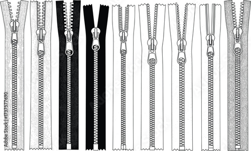 Zipper vector illustration set, garment accessory, sewing closure, fashion design element, tailoring hardware, clothing zipper template, apparel mockup, textile detail, clothing accessory