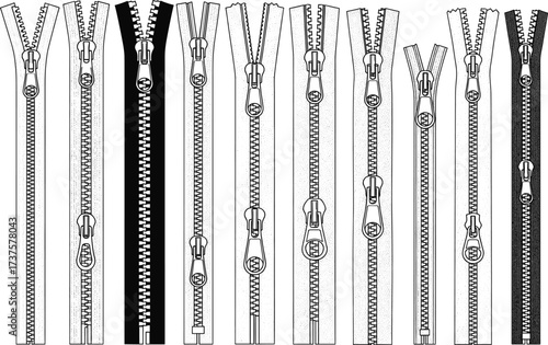 Zipper vector illustration set, sewing accessory, garment closure, fashion design detail, clothing zipper template, tailoring element, textile mockup, apparel hardware