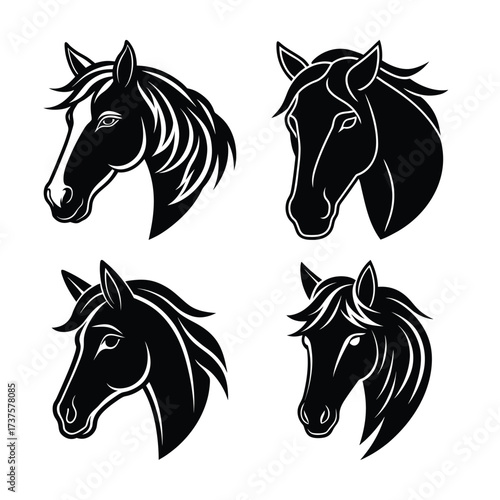 Vector art of four black horse head silhouettes in different poses