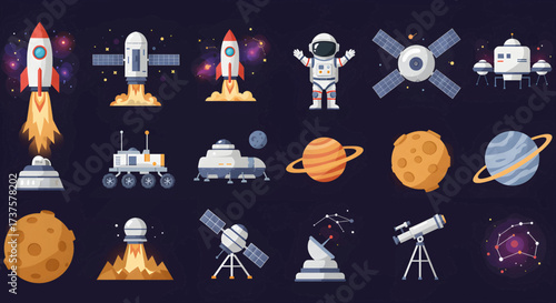 Collection of Space Exploration Elements and Celestial Bodies.
