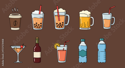 Collection of Various Hand Drawn Drink Illustrations.