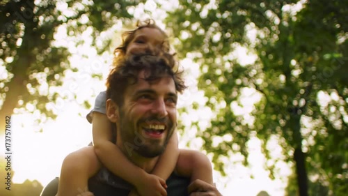 Heartwarming video: young man gives piggyback to joyful child in golden hour park, smiling, laughing, lens flare. Concept of father-child bonding