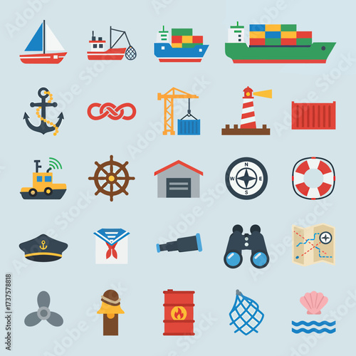 Nautical adventures await with this vibrant collection of maritime icons perfect for seafaring projects and ocean-themed designs showcasing travel and exploration
