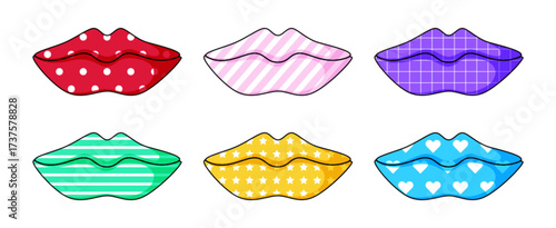 Color lips set with different patterns isolated on white background. Contemporary vector illustration of pop art 90s style woman mouth with dots, stripes, stars, hearts, y2k funky stickers design