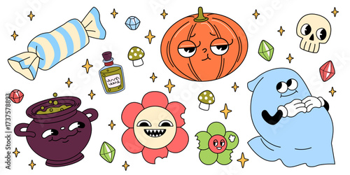 Groovy Halloween icons isolated on white background. Vector illustration of retro pumpkin, zombie flower, ghost, cauldron, skull mascots with faces, holiday treats and potion bottle, spooky characters