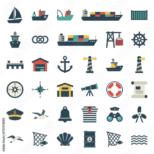 Explore the Ocean with Nautical Icons Set Featuring Ships, Lighthouses, and Seaside Elements for Your Creative Projects and Designs
