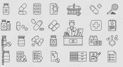 Comprehensive collection of pharmacy and medicine outline icons.