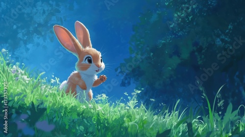 Cartoon rabbit hopping on grassy hill
