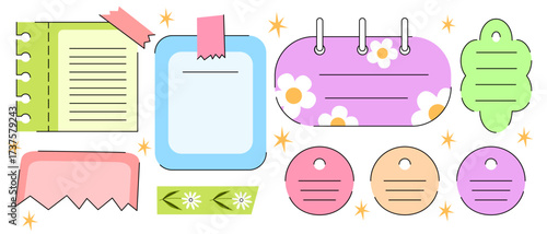 Cute memo note frames set isolated on white background. Vector illustration of cute colorful papers for messages, diary pages with floral design and sticky tape, school kid planner, to-do list sheet