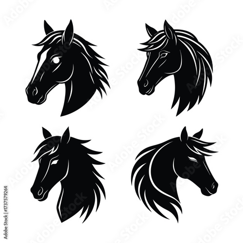 Vector art of four black horse head silhouettes, showcasing different angles and mane styles