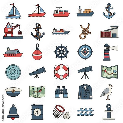 Vibrant nautical and maritime icons set for travel, shipping, and adventure businesses, perfect for web and print design projects.
