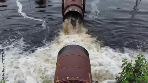 Extreme high-angle drone video: corroded industrial pipe ejects foamy brownish wastewater into murky polluted water, forming turbulent white froth. Oily sheen, struggling green plants. Environmental