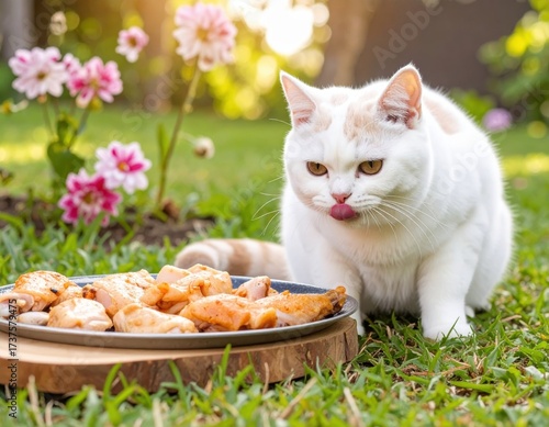 british shorthair cat with chicken