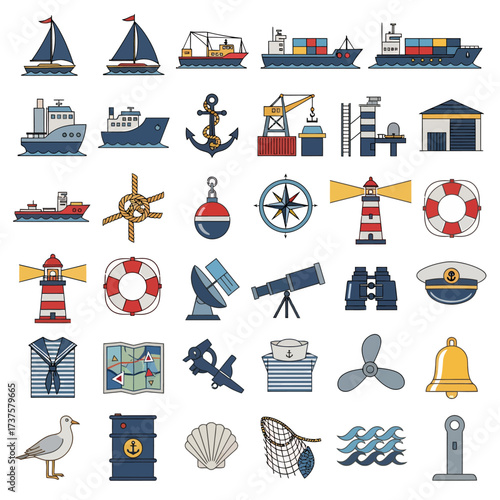 Discover a vibrant collection of nautical icons perfect for maritime projects, travel, and marine business branding.

