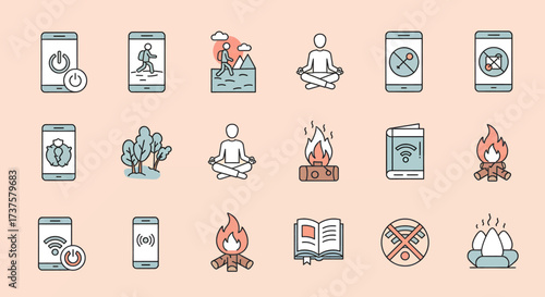 Digital Detox and Mindfulness Hand Drawn Icon Set.