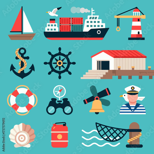Vibrant collection of nautical and maritime icons and illustrations for marine and travel themes
