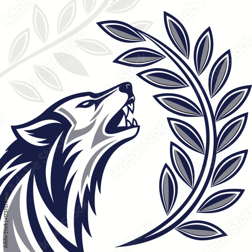 Howling wolf head with laurel wreath illustration