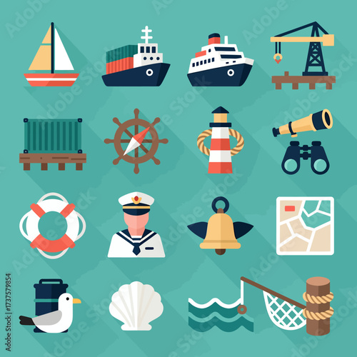 Vibrant nautical icons collection capturing maritime adventure, travel, and coastal lifestyle with a modern, clean design perfect for marine themes.
