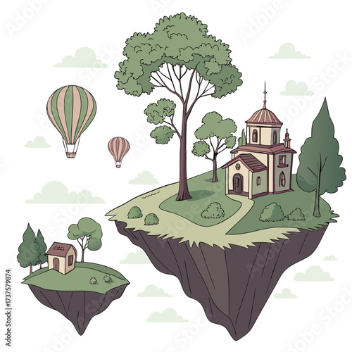 Fantasy landscape with floating island illustration