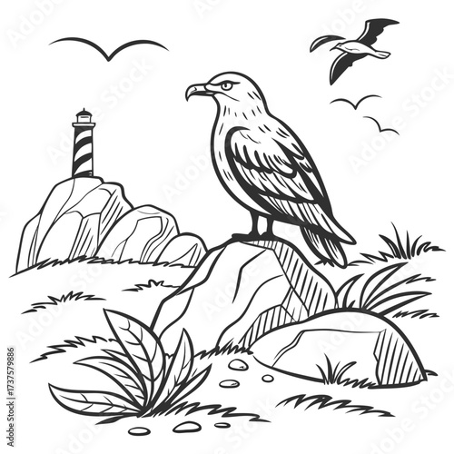 Seagull on rock with lighthouse drawing