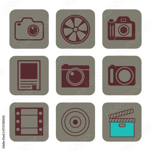 Retro photography and videography icons set modern design elements for creative projects 