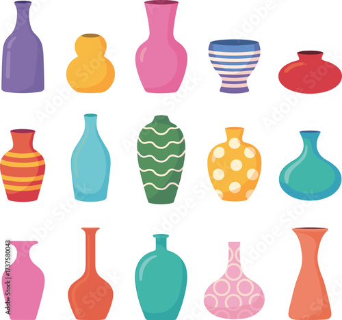 Collection of colorful decorative vases, ceramic pottery, modern home decor set, abstract vase shapes, stylish flat vector illustration design
